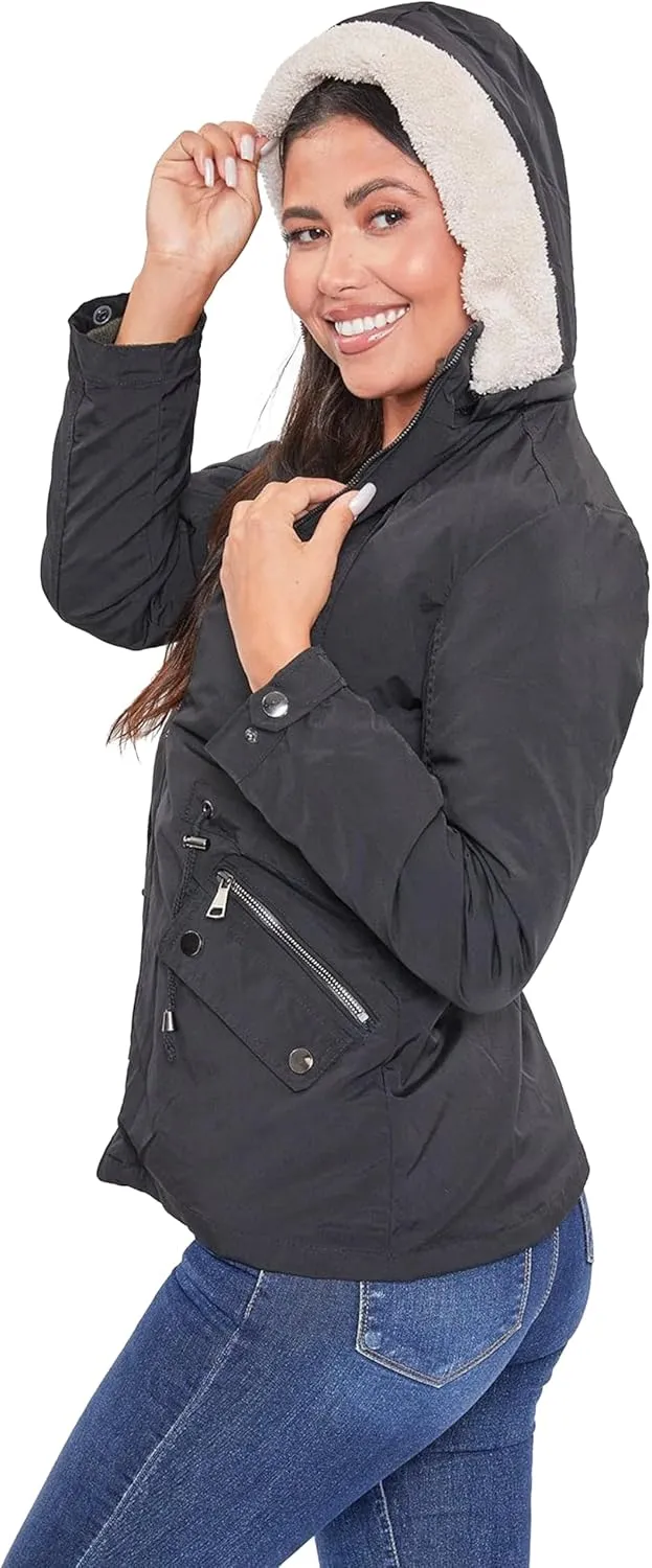 YMI Women's Junior Reversible Weather Proof Puffer Shell Jacket with Sherpa Lined Hood