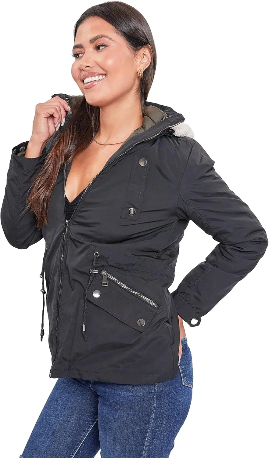 YMI Women's Junior Reversible Weather Proof Puffer Shell Jacket with Sherpa Lined Hood