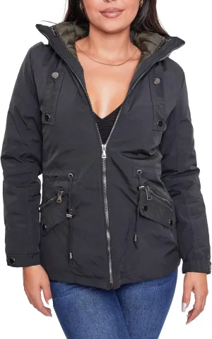 YMI Women's Junior Reversible Weather Proof Puffer Shell Jacket with Sherpa Lined Hood