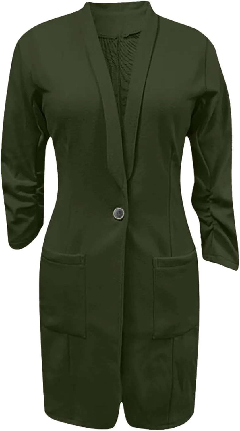 YRAETENM Blazers for Women Casual Ruched 3/4 Sleeve Lapel Collar Long Blazers Oversized Open Front Button Work Office Jackets
