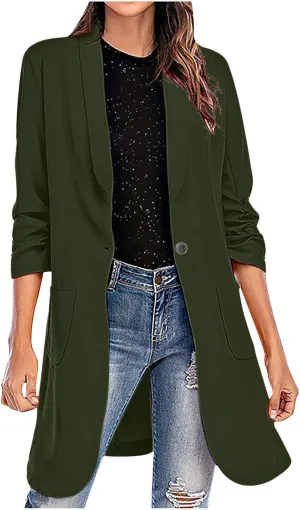 YRAETENM Blazers for Women Casual Ruched 3/4 Sleeve Lapel Collar Long Blazers Oversized Open Front Button Work Office Jackets