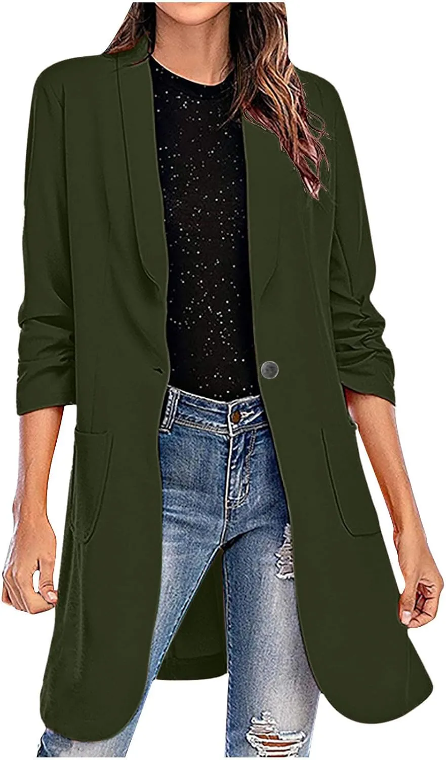 YRAETENM Blazers for Women Casual Ruched 3/4 Sleeve Lapel Collar Long Blazers Oversized Open Front Button Work Office Jackets