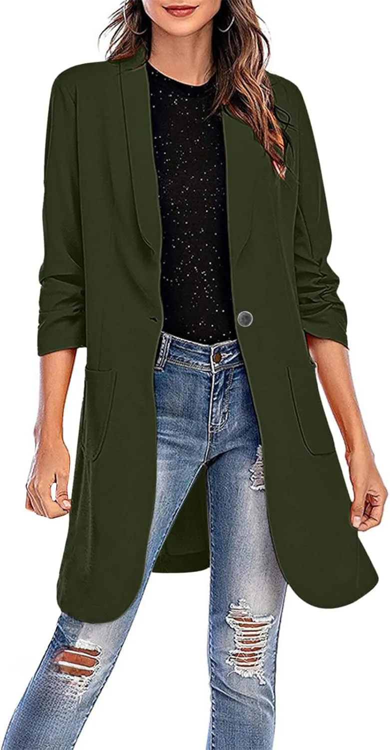 YRAETENM Blazers for Women Casual Ruched 3/4 Sleeve Lapel Collar Long Blazers Oversized Open Front Button Work Office Jackets