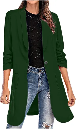 YRAETENM Blazers for Women Casual Ruched 3/4 Sleeve Lapel Collar Long Blazers Oversized Open Front Button Work Office Jackets