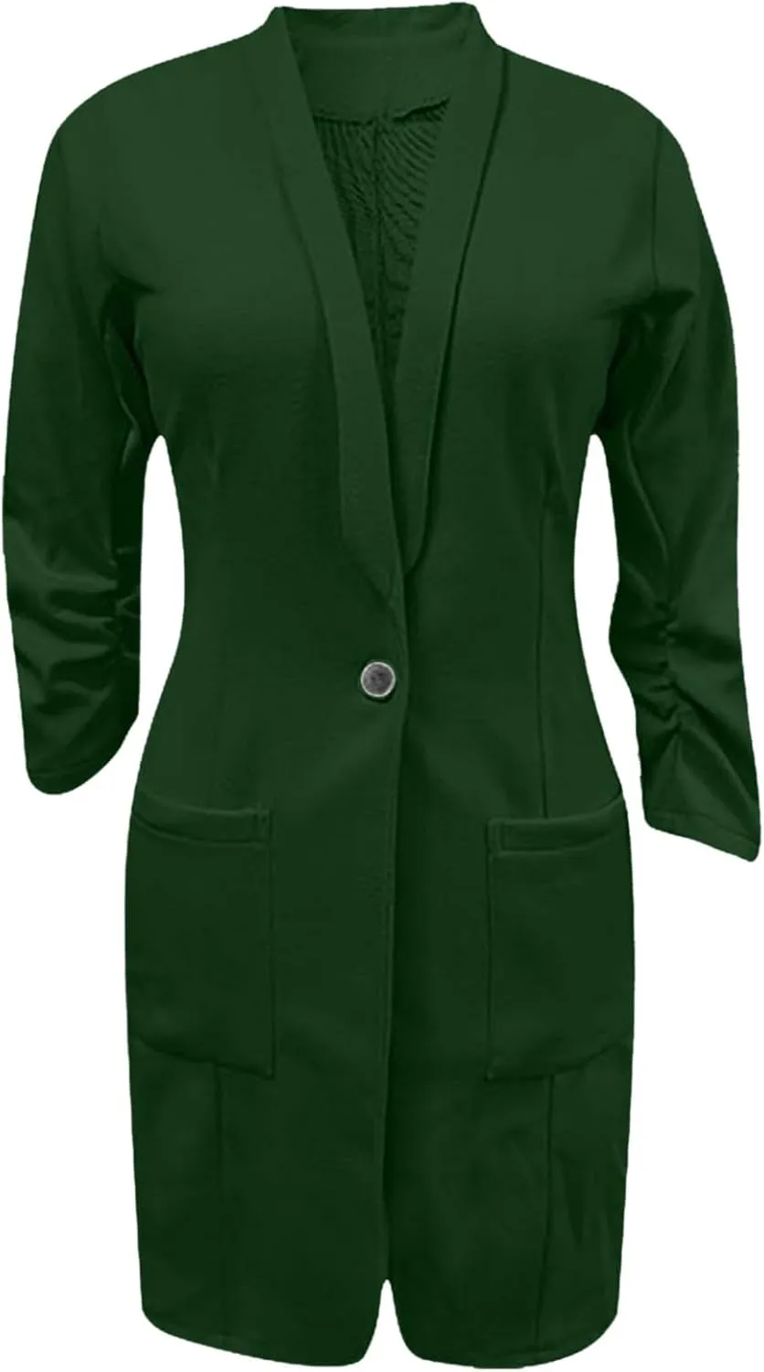 YRAETENM Blazers for Women Casual Ruched 3/4 Sleeve Lapel Collar Long Blazers Oversized Open Front Button Work Office Jackets