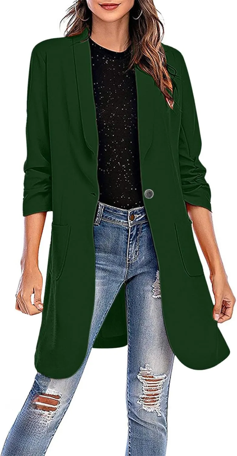 YRAETENM Blazers for Women Casual Ruched 3/4 Sleeve Lapel Collar Long Blazers Oversized Open Front Button Work Office Jackets