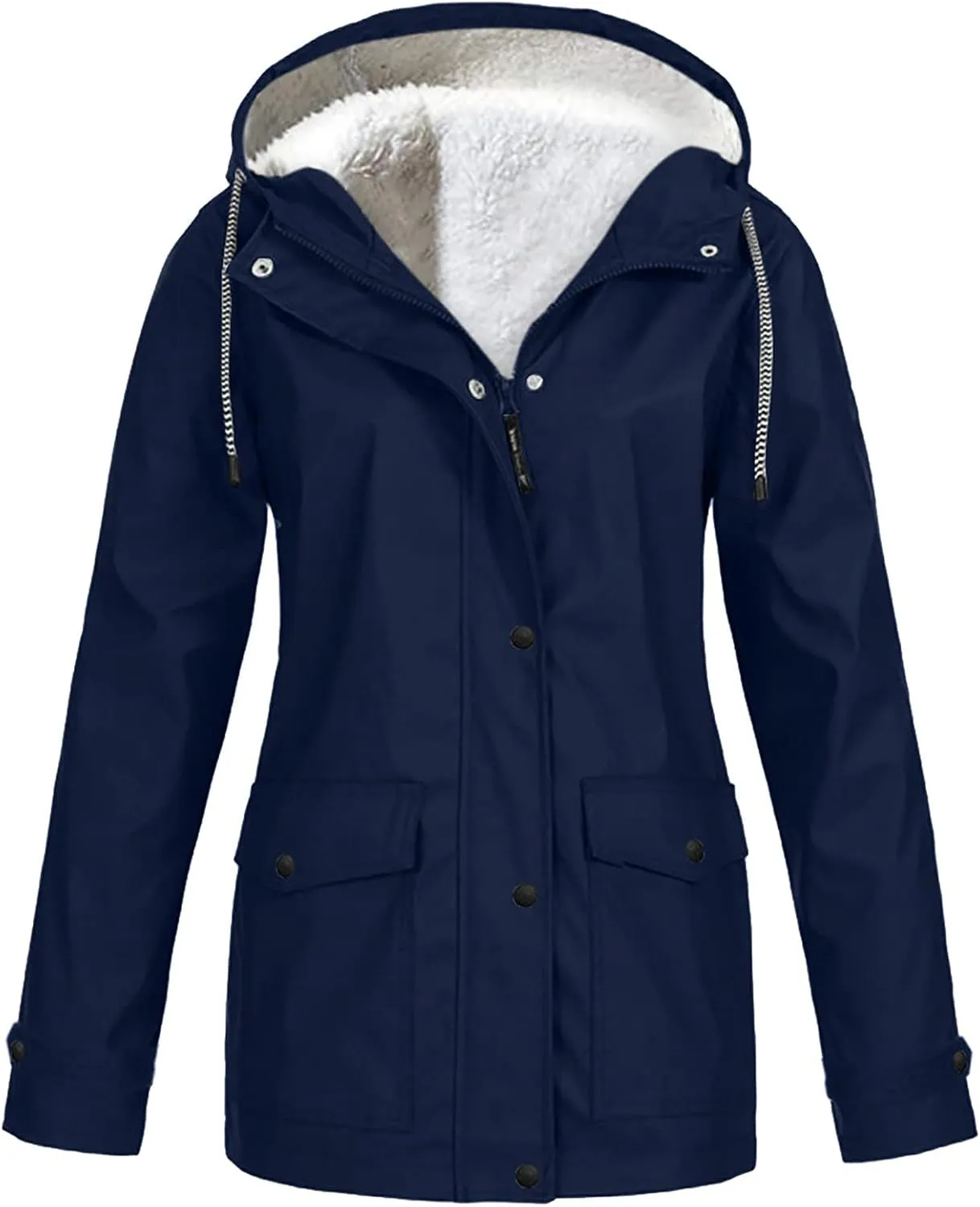 YRAETENM Fleece Lined Raincoat for Women Waterproof Lightweight Rain Jacket Plus Size Warm Ski Outdoor Trench Coats with Hood