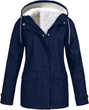 YRAETENM Fleece Lined Raincoat for Women Waterproof Lightweight Rain Jacket Plus Size Warm Ski Outdoor Trench Coats with Hood