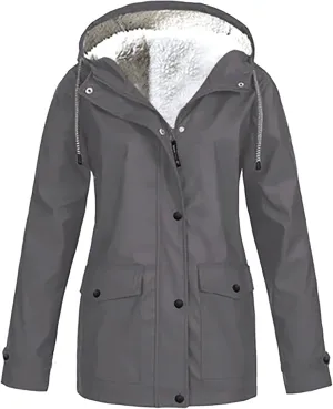 YRAETENM Fleece Lined Raincoat for Women Waterproof Lightweight Rain Jacket Plus Size Warm Ski Outdoor Trench Coats with Hood