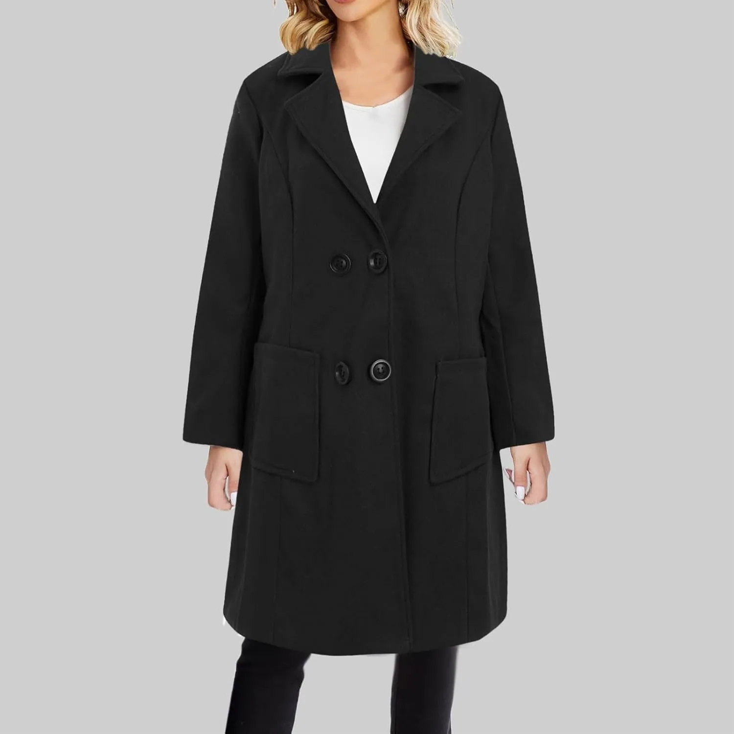 YRAETENM Long Wool Coats for Women Winter Notched Lapel Double Breasted Trench Coats Casual Chunky Warm Pea Coat Outwear