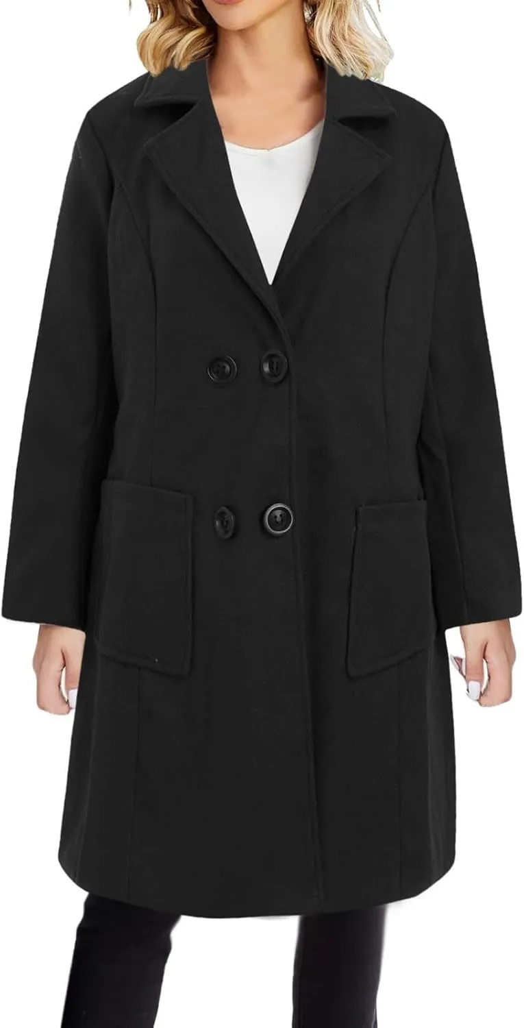 YRAETENM Long Wool Coats for Women Winter Notched Lapel Double Breasted Trench Coats Casual Chunky Warm Pea Coat Outwear