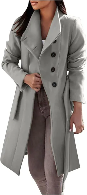 YRAETENM Trench Coat Women Winter Notch Lapel Single Breasted Long Wool Coat Casual Comfy Pea Coat Overcoat with Pockets