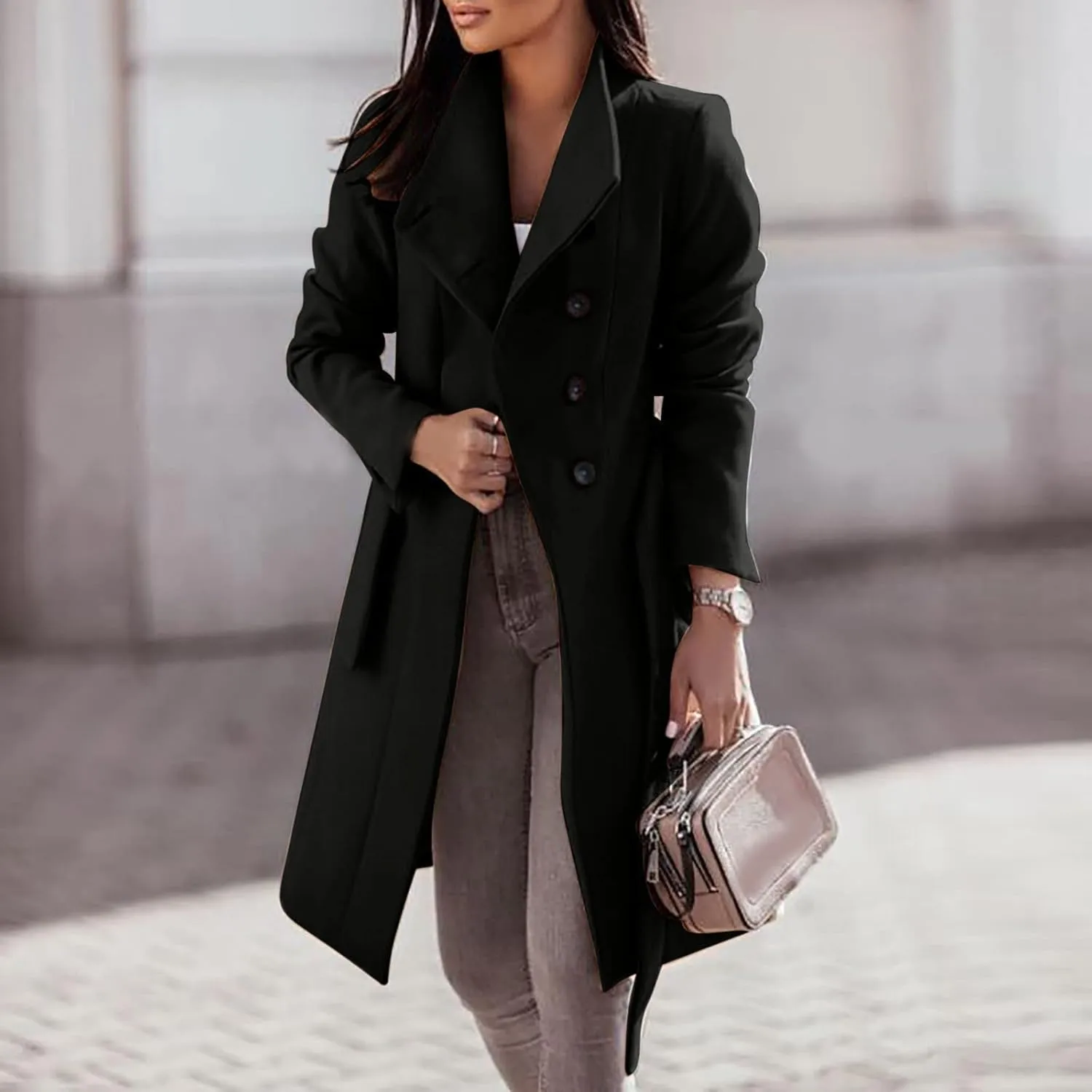 YRAETENM Trench Coat Women Winter Notch Lapel Single Breasted Long Wool Coat Casual Comfy Pea Coat Overcoat with Pockets