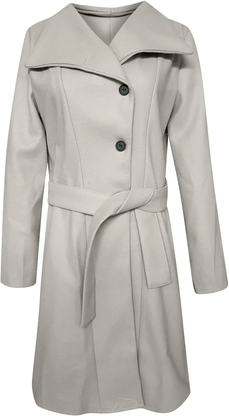 YRAETENM Trench Coat Women Winter Notch Lapel Single Breasted Long Wool Coat Casual Comfy Pea Coat Overcoat with Pockets