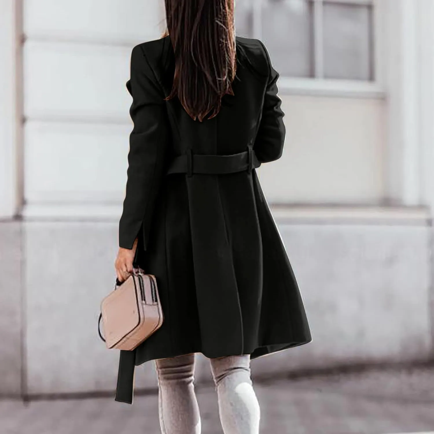 YRAETENM Trench Coat Women Winter Notch Lapel Single Breasted Long Wool Coat Casual Comfy Pea Coat Overcoat with Pockets