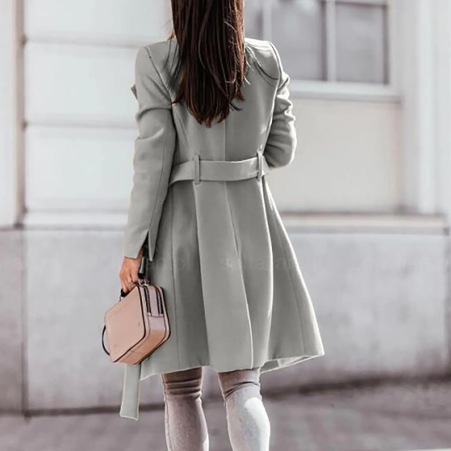 YRAETENM Trench Coat Women Winter Notch Lapel Single Breasted Long Wool Coat Casual Comfy Pea Coat Overcoat with Pockets