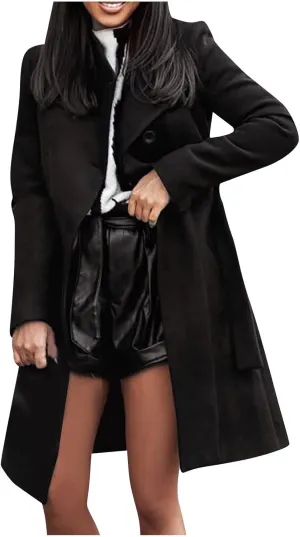 YRAETENM Trench Coat Women Winter Notch Lapel Single Breasted Long Wool Coat Casual Comfy Pea Coat Overcoat with Pockets