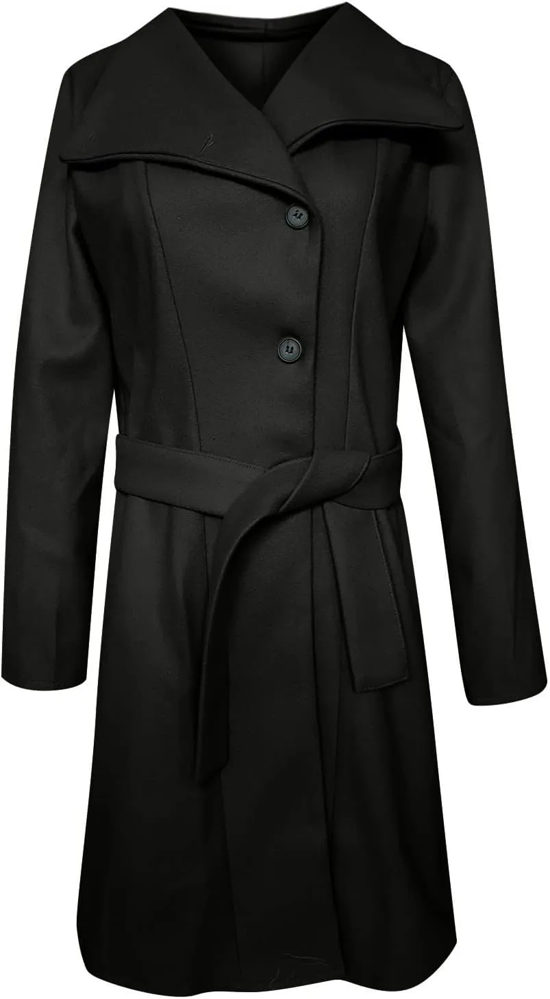 YRAETENM Trench Coat Women Winter Notch Lapel Single Breasted Long Wool Coat Casual Comfy Pea Coat Overcoat with Pockets