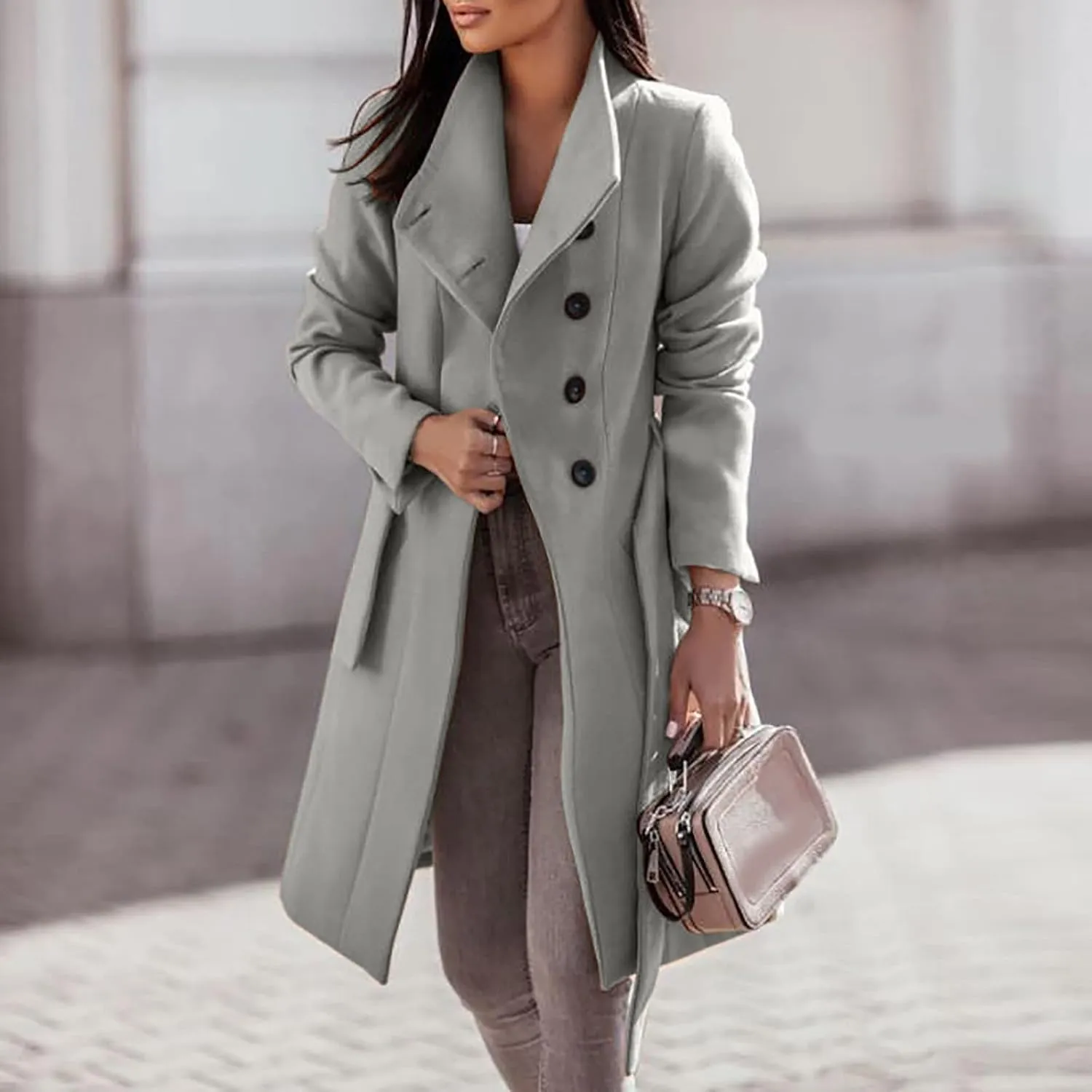 YRAETENM Trench Coat Women Winter Notch Lapel Single Breasted Long Wool Coat Casual Comfy Pea Coat Overcoat with Pockets