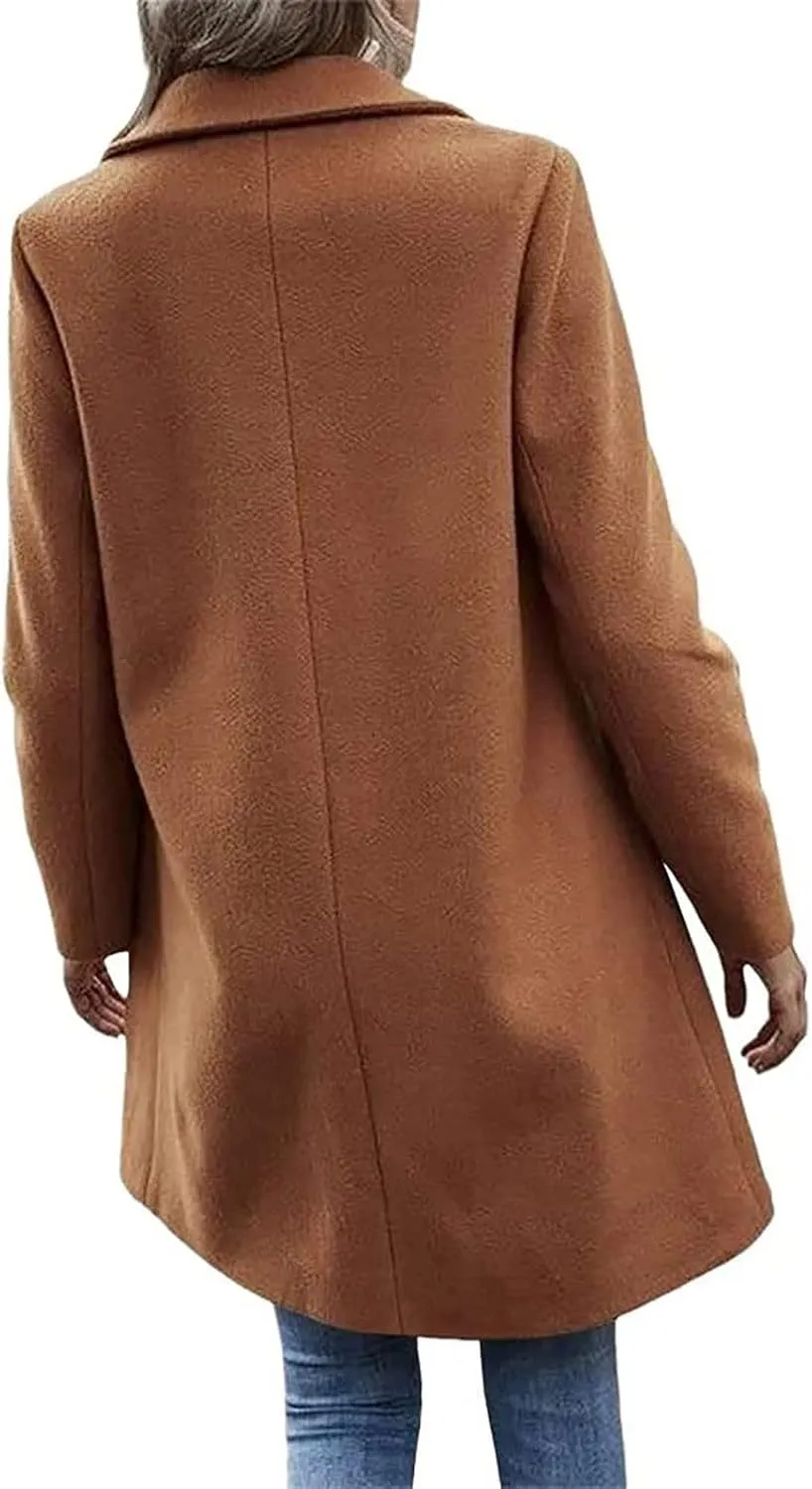 YRAETENM Trench Coats for Women Chic Notch Lapel One Button Mid Long Pea Coats Fall Winter Plus Size Warm Overcoat Outwear
