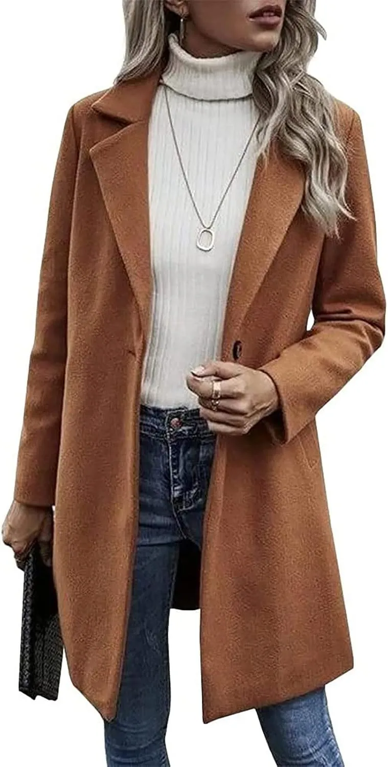 YRAETENM Trench Coats for Women Chic Notch Lapel One Button Mid Long Pea Coats Fall Winter Plus Size Warm Overcoat Outwear
