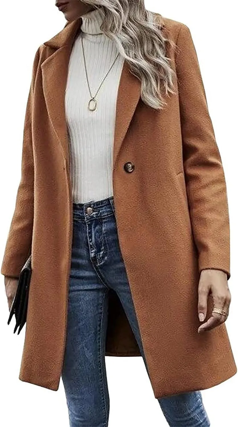 YRAETENM Trench Coats for Women Chic Notch Lapel One Button Mid Long Pea Coats Fall Winter Plus Size Warm Overcoat Outwear