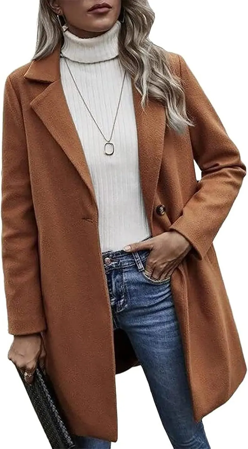 YRAETENM Trench Coats for Women Chic Notch Lapel One Button Mid Long Pea Coats Fall Winter Plus Size Warm Overcoat Outwear