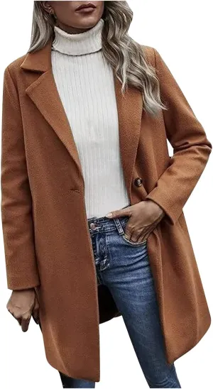 YRAETENM Trench Coats for Women Chic Notch Lapel One Button Mid Long Pea Coats Fall Winter Plus Size Warm Overcoat Outwear