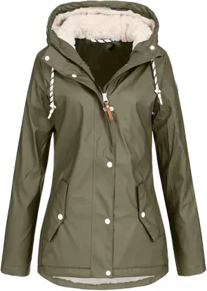 YRAETENM Windbreaker Jacket Women Lightweight Waterproof Fleece Lined Rain Coats Plus Size Warm Outdoor Hooded Trench Coats