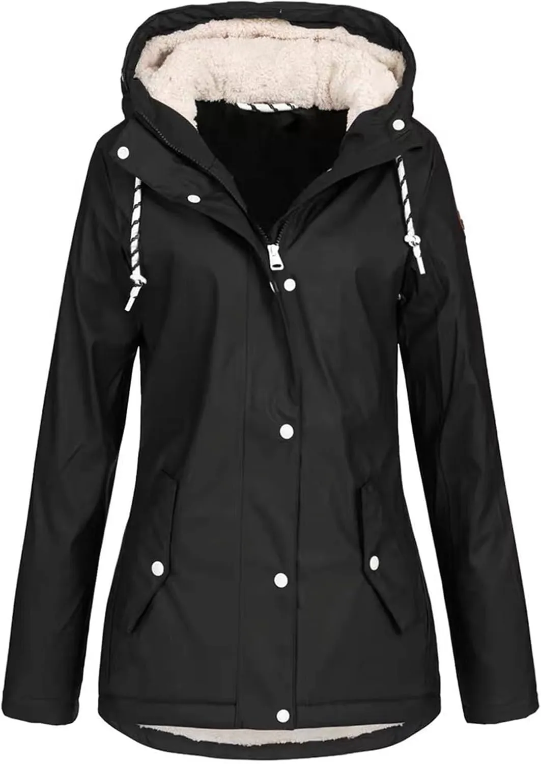 YRAETENM Windbreaker Jacket Women Lightweight Waterproof Fleece Lined Rain Coats Plus Size Warm Outdoor Hooded Trench Coats