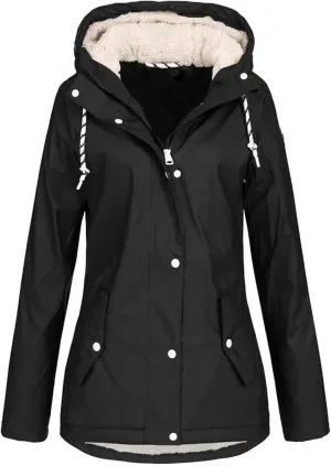 YRAETENM Windbreaker Jacket Women Lightweight Waterproof Fleece Lined Rain Coats Plus Size Warm Outdoor Hooded Trench Coats