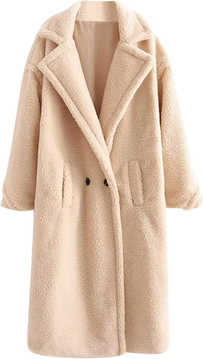 YRAETENM Winter Jackets for Women Fuzzy Fleece Lapel Shearling Trench Coats Casual Warm Long Overcoat Outwear with Pockets