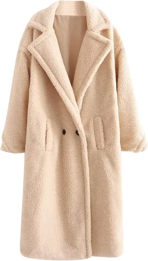 YRAETENM Winter Jackets for Women Fuzzy Fleece Lapel Shearling Trench Coats Casual Warm Long Overcoat Outwear with Pockets