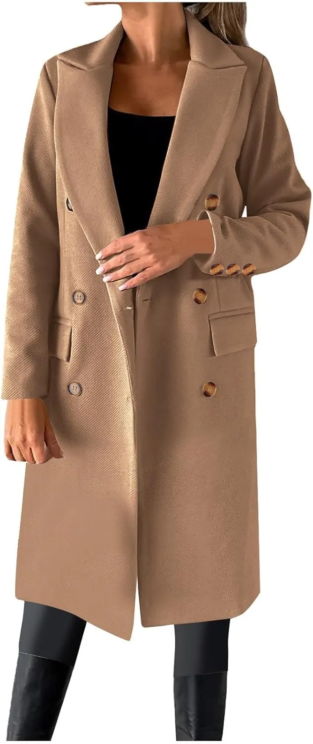 YRAETENM Women Casual Double Breasted Mid Long Pea Coat Winter Notch Lapel Collar Wool Coats Plus Size Blazer Jackets Outwear