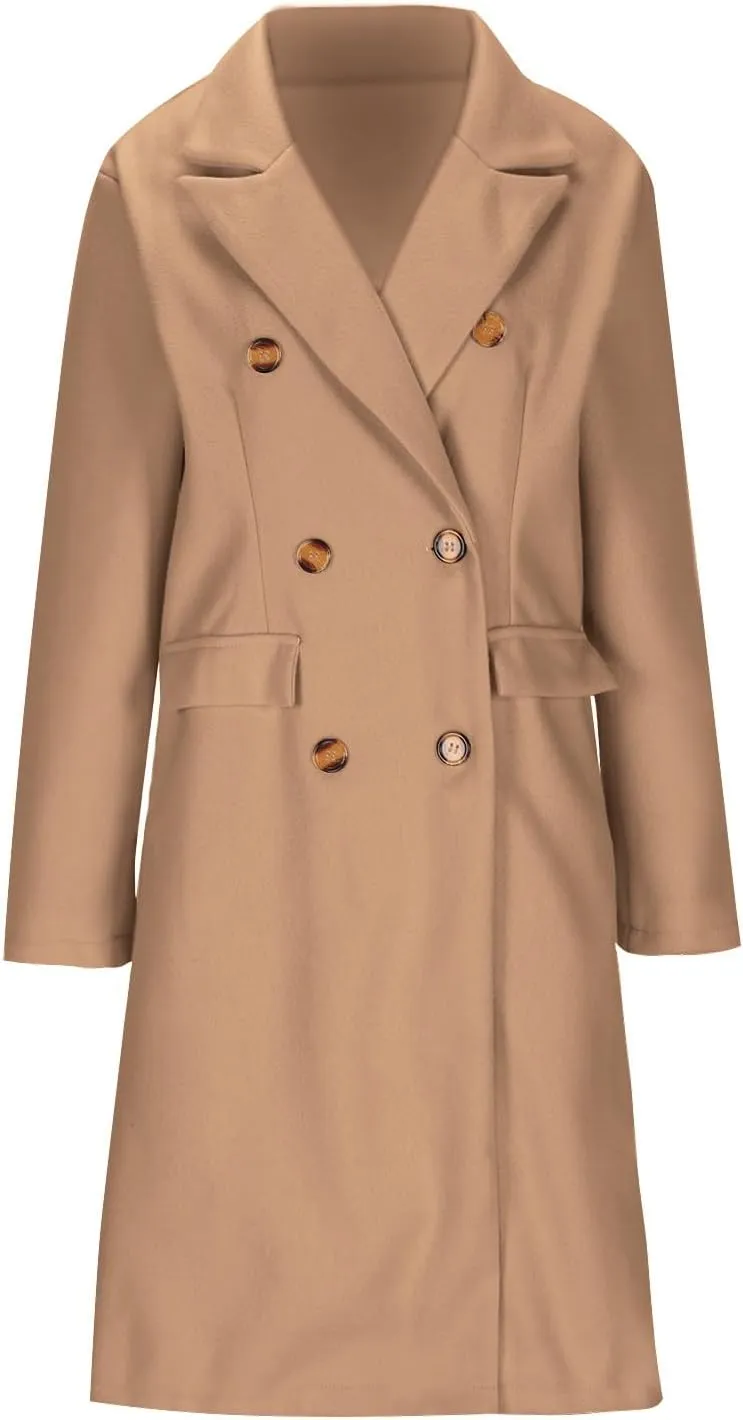 YRAETENM Women Casual Double Breasted Mid Long Pea Coat Winter Notch Lapel Collar Wool Coats Plus Size Blazer Jackets Outwear