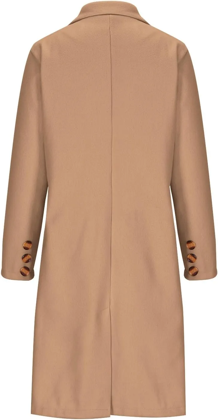 YRAETENM Women Casual Double Breasted Mid Long Pea Coat Winter Notch Lapel Collar Wool Coats Plus Size Blazer Jackets Outwear