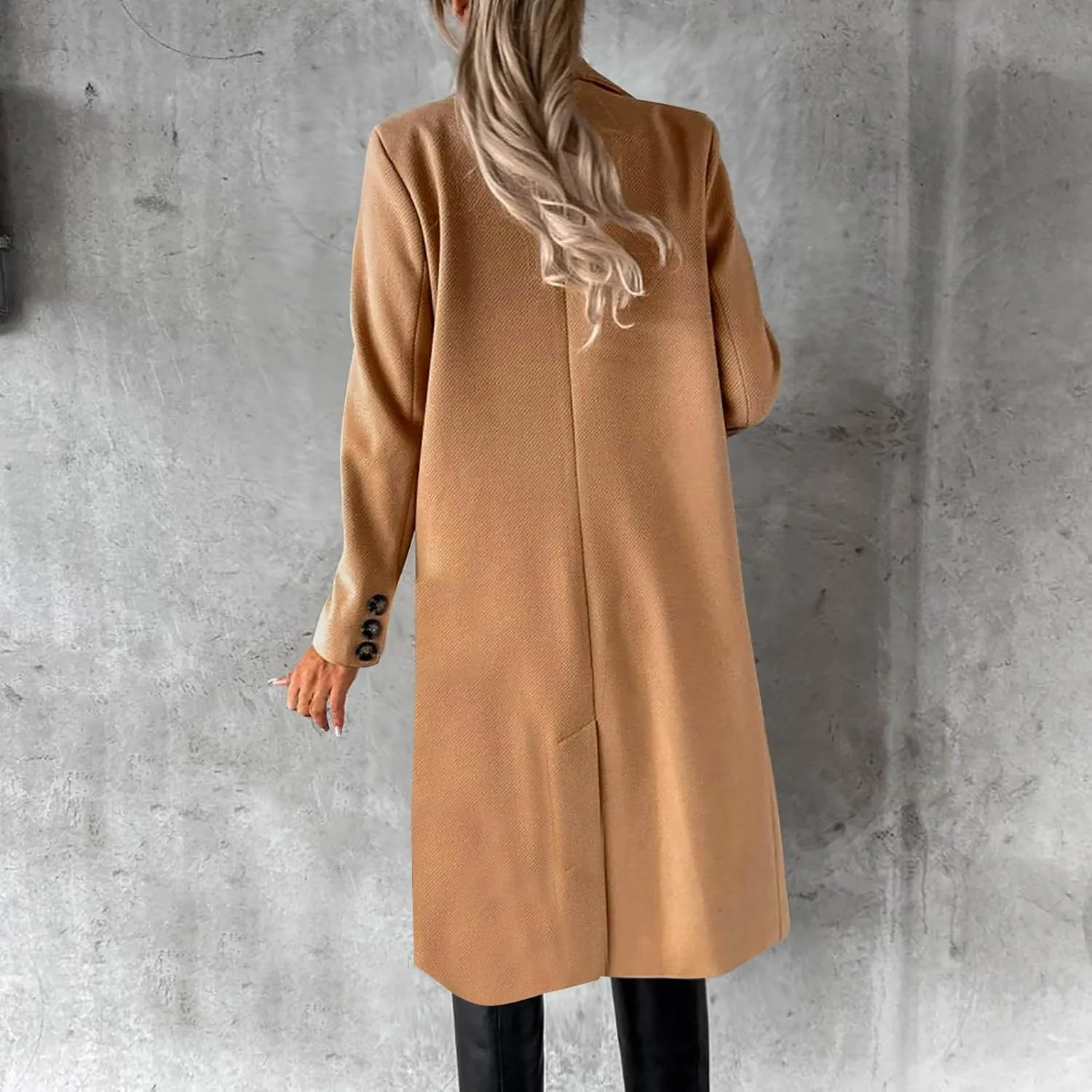 YRAETENM Women Casual Double Breasted Mid Long Pea Coat Winter Notch Lapel Collar Wool Coats Plus Size Blazer Jackets Outwear
