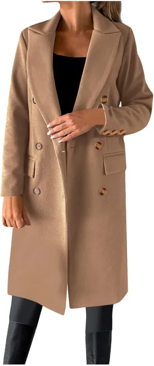 YRAETENM Women Casual Double Breasted Mid Long Pea Coat Winter Notch Lapel Collar Wool Coats Plus Size Blazer Jackets Outwear