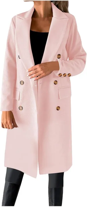 YRAETENM Women Casual Double Breasted Mid Long Pea Coat Winter Notch Lapel Collar Wool Coats Plus Size Blazer Jackets Outwear