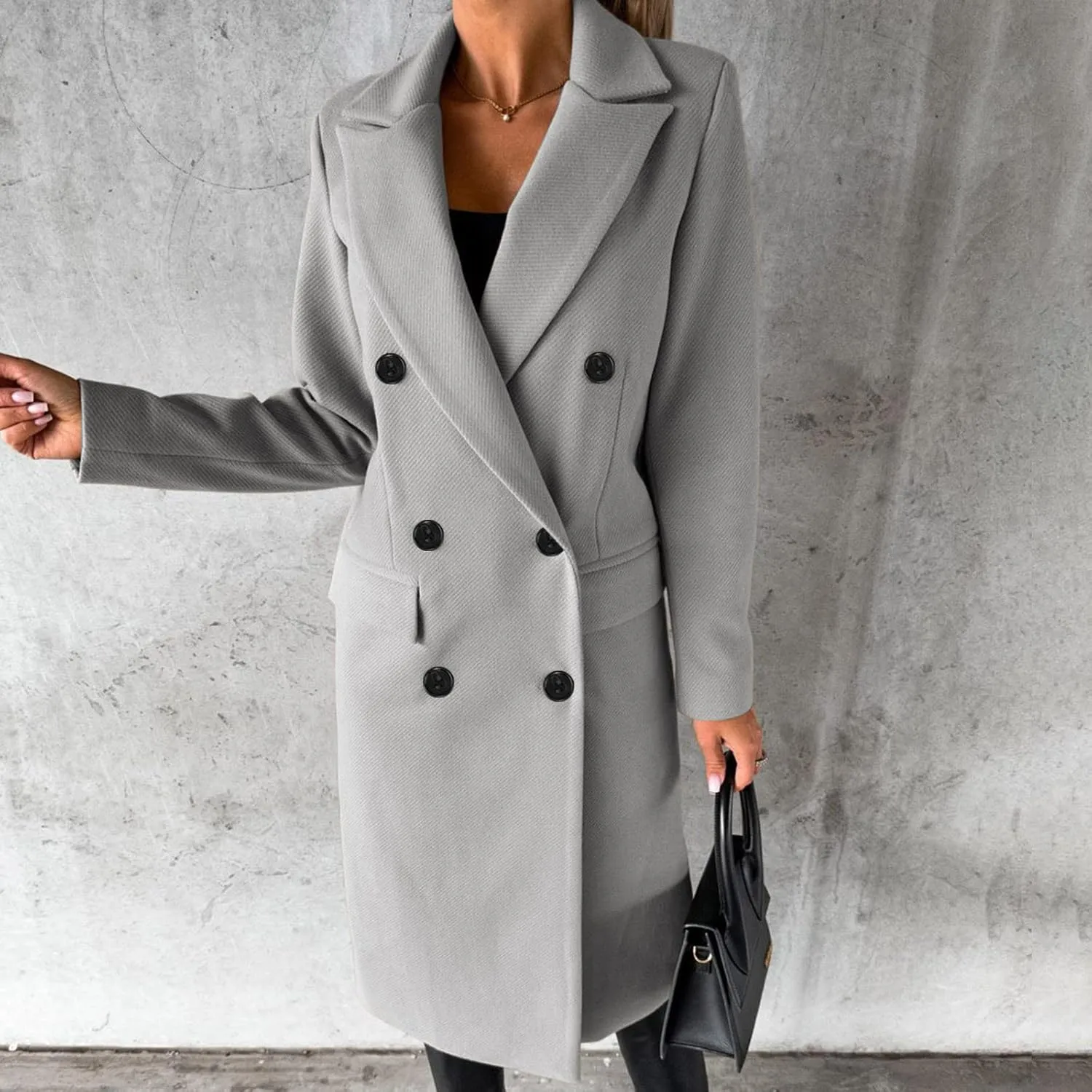 YRAETENM Women Wool Blend Pea Coat Casual Notched Collar Double Breasted Mid-Long Trench Coat Winter Thick Overcoat Outwear