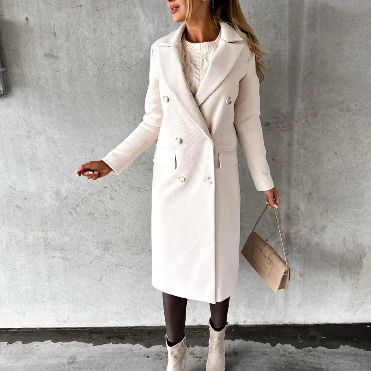 YRAETENM Women Wool Blend Pea Coat Casual Notched Collar Double Breasted Mid-Long Trench Coat Winter Thick Overcoat Outwear