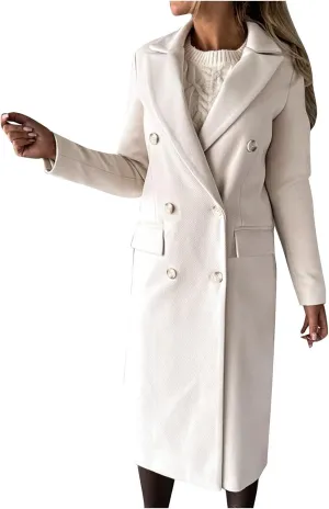 YRAETENM Women Wool Blend Pea Coat Casual Notched Collar Double Breasted Mid-Long Trench Coat Winter Thick Overcoat Outwear