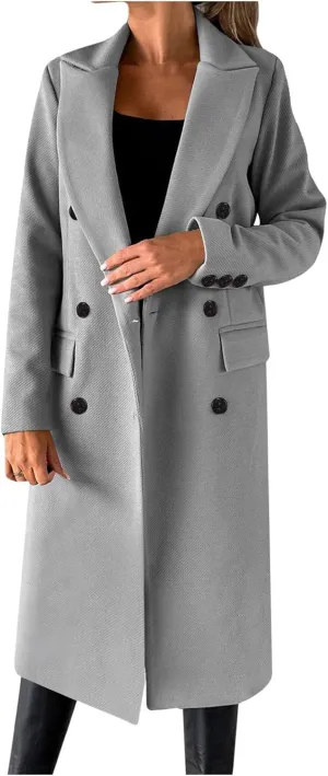 YRAETENM Women Wool Blend Pea Coat Casual Notched Collar Double Breasted Mid-Long Trench Coat Winter Thick Overcoat Outwear