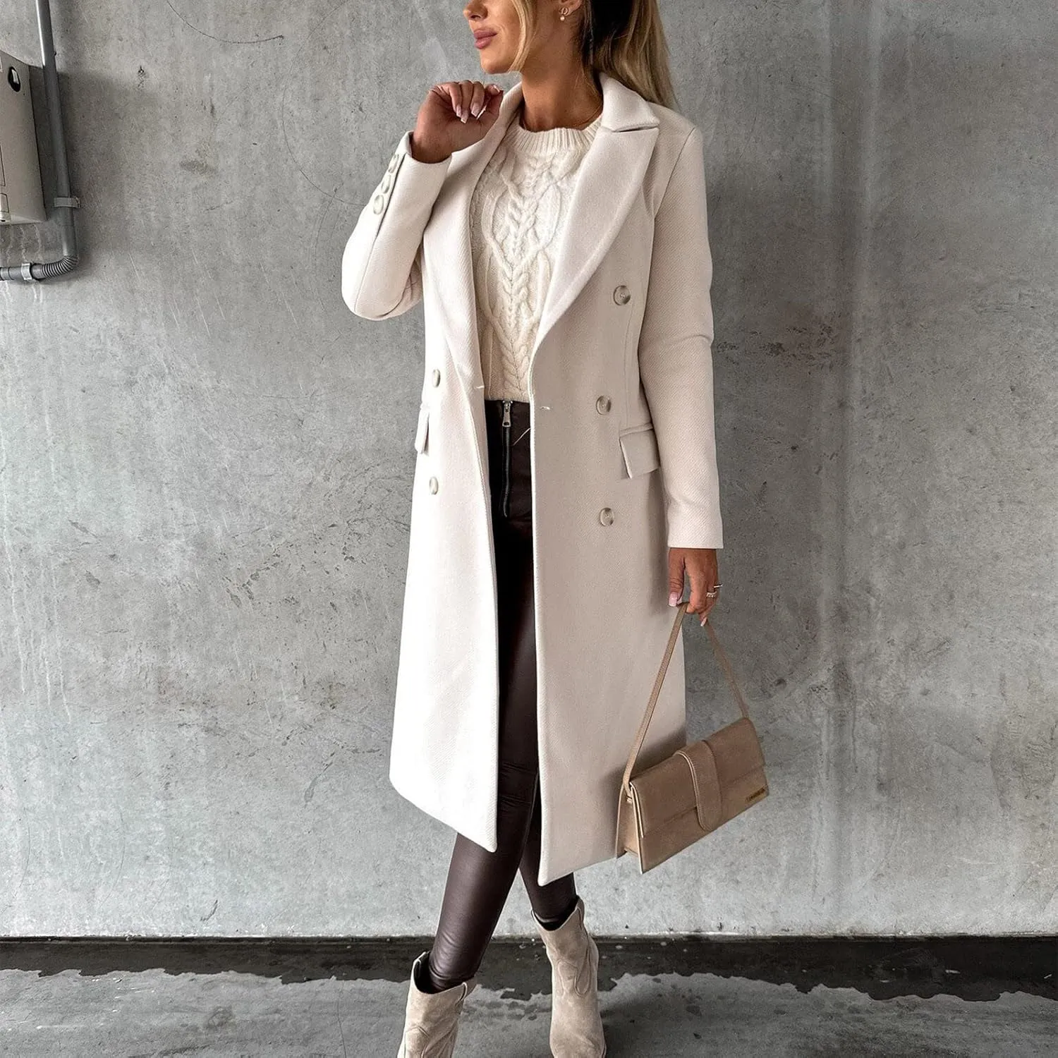 YRAETENM Women Wool Blend Pea Coat Casual Notched Collar Double Breasted Mid-Long Trench Coat Winter Thick Overcoat Outwear