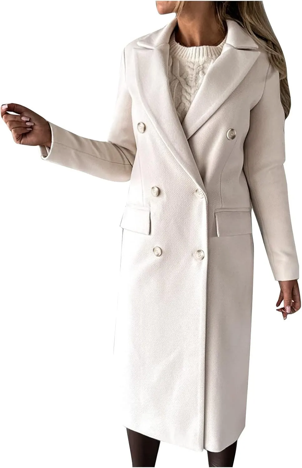 YRAETENM Women Wool Blend Pea Coat Casual Notched Collar Double Breasted Mid-Long Trench Coat Winter Thick Overcoat Outwear
