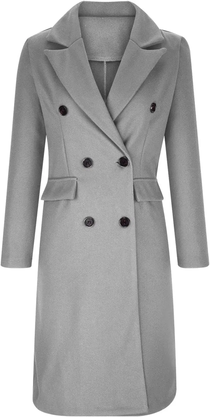 YRAETENM Women Wool Blend Pea Coat Casual Notched Collar Double Breasted Mid-Long Trench Coat Winter Thick Overcoat Outwear