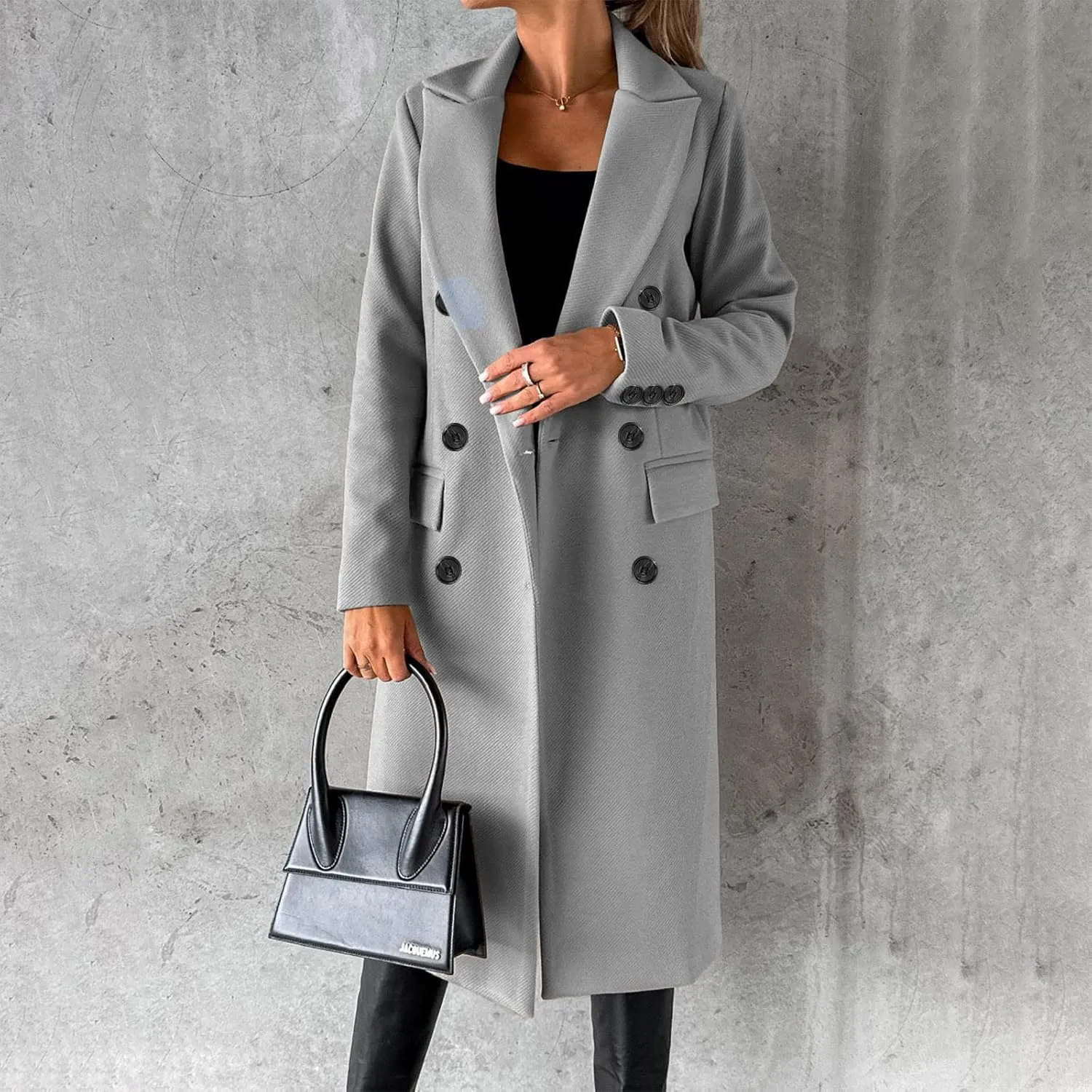 YRAETENM Women Wool Blend Pea Coat Casual Notched Collar Double Breasted Mid-Long Trench Coat Winter Thick Overcoat Outwear