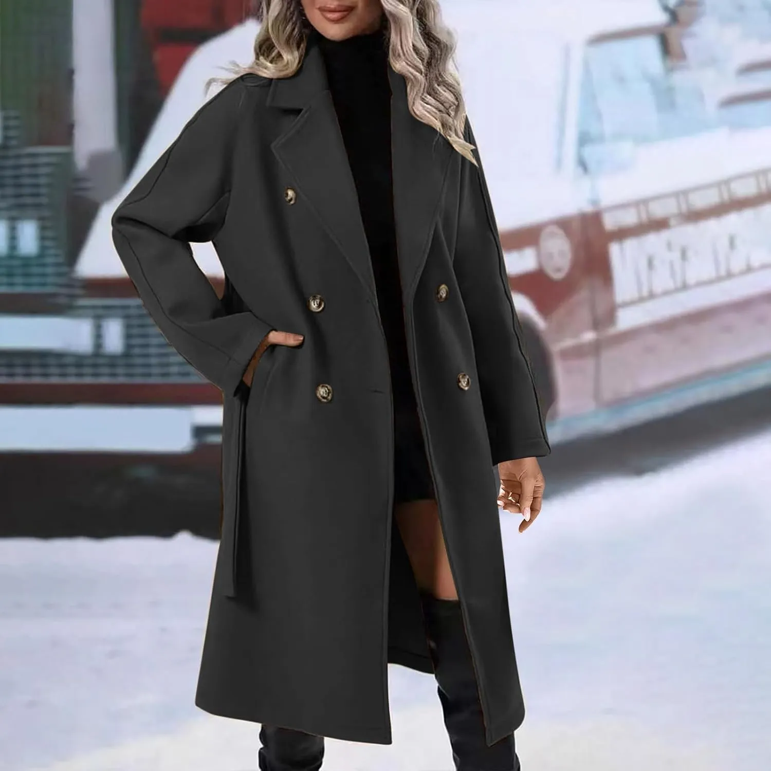 YRAETENM Women's Lapel Collar Double Breasted Wool Blend Coats Winter Warm Open Front Midi Long Pea Coat Outwear with Belt