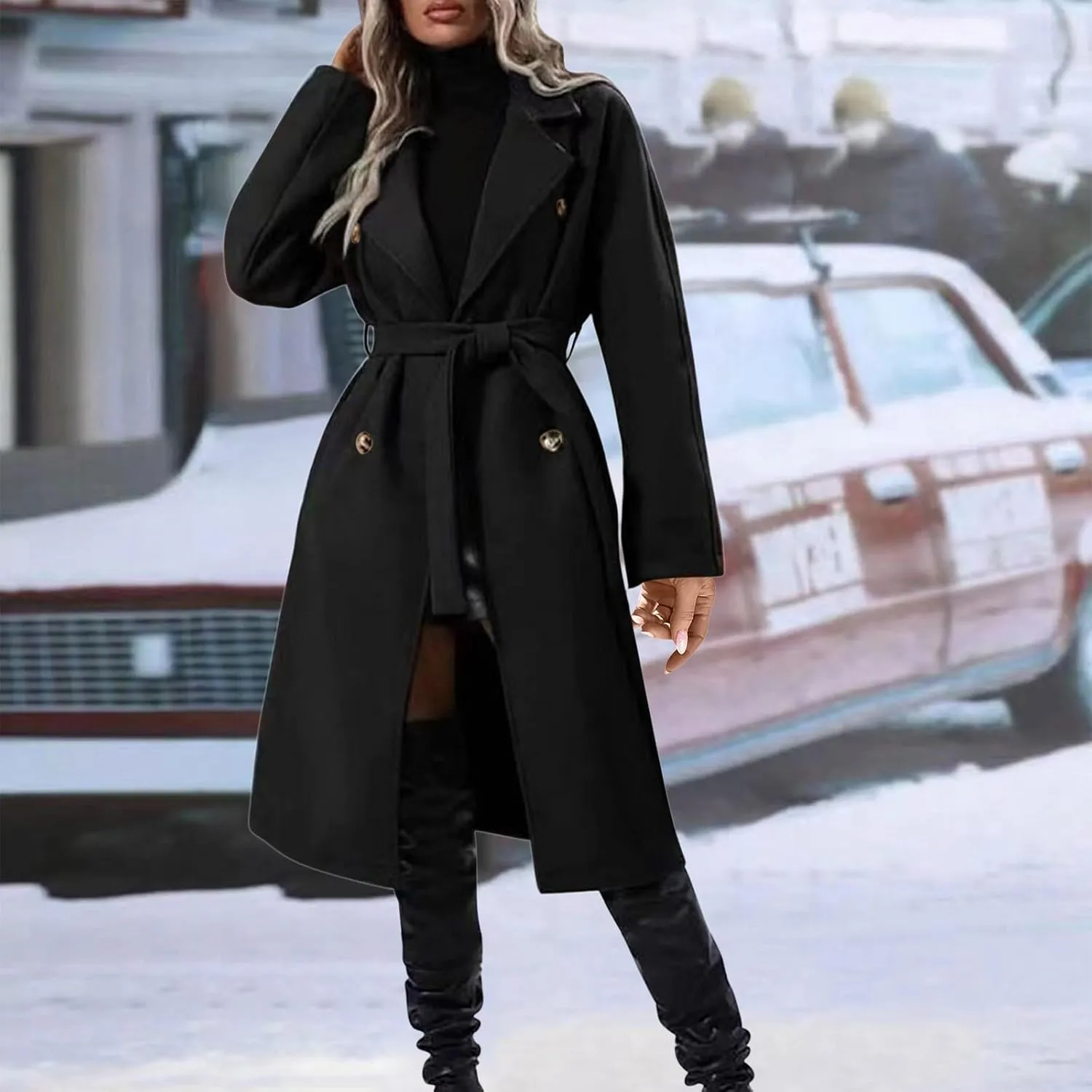 YRAETENM Women's Lapel Collar Double Breasted Wool Blend Coats Winter Warm Open Front Midi Long Pea Coat Outwear with Belt