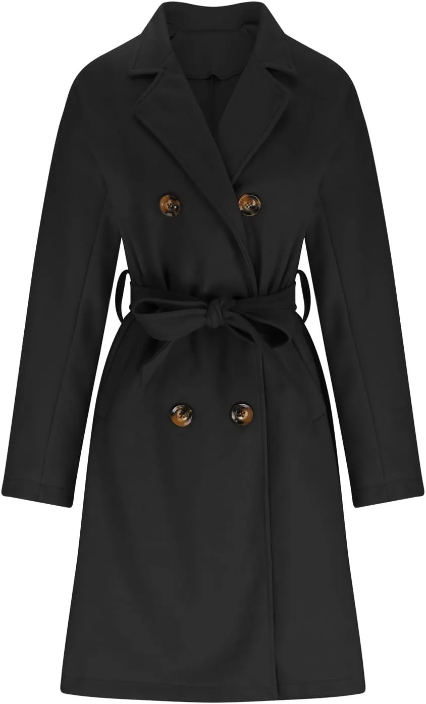 YRAETENM Women's Lapel Collar Double Breasted Wool Blend Coats Winter Warm Open Front Midi Long Pea Coat Outwear with Belt